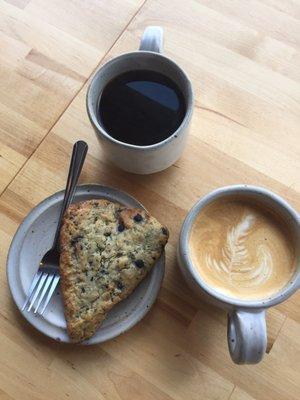 Blueberry scone, oat milk latte, drip coffee