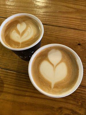 Vanilla latte (left) with skim milk and signature latte with almond milk