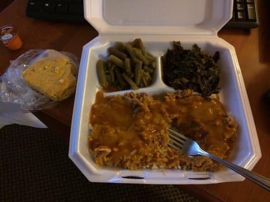 Chopped BBQ over rice, Collards & Green beans