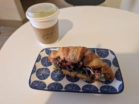 Croissant sandwich and honey thyme matcha