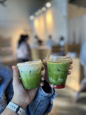 Short Matcha Cream Top, Strawberry Matcha Latte (left to right)