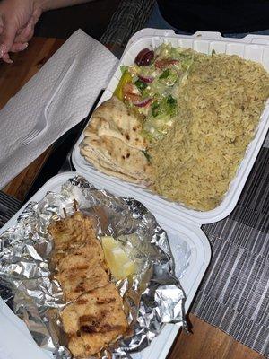 Chicken Souvlaki Platter with rice, pita & salad