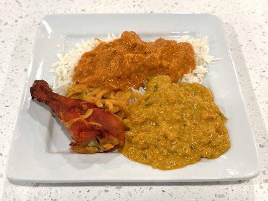 Chicken Tikka Masala on Basmati Rice, Chicken Tandoori and Chana Masala from the Buffet