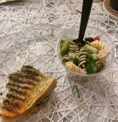 Chicken Breast Panini and pasta salad from take out.