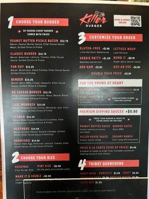 Killer Burger Menu (front)