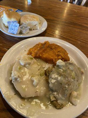 Turkey, dressing and sweet potato casserole with biscuits