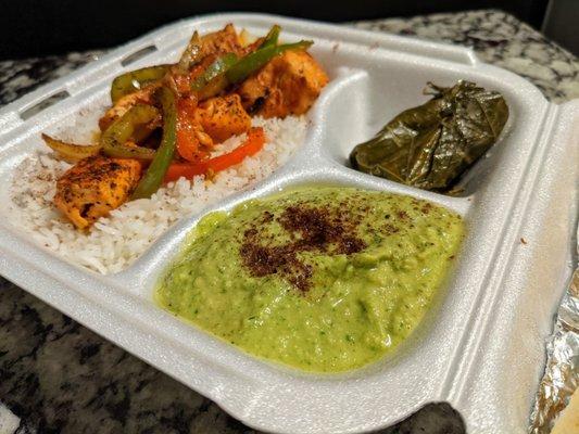 Kabob Platter. Chicken kabob skewer, Greek salad, grape leaves, cilantro hummus, pita. $11.50.