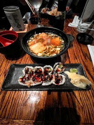 Suzuki Mushroom Ankake, Eel Cucumber Roll, Miso Soup