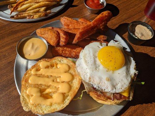 Breakfast burger and sweet potato fries