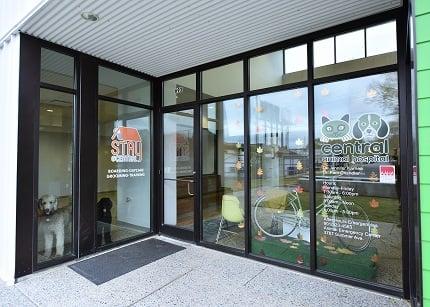 Entrance to new facility.  Mr. Bond and Ms Monypenny greet clients from the canine playroom.