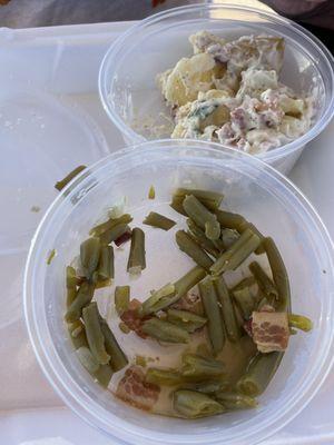 What's left of potato salad and green beans with bacon