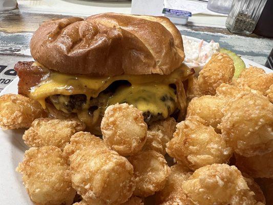 Bacon cheese burger with tots