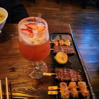 Strawberry Bliss cocktail amd yakitori