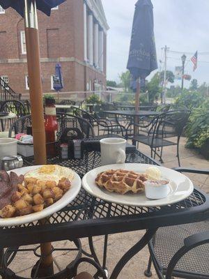 Waffle combo- 2 eggs, homefries, bacon with a Belgian waffle.