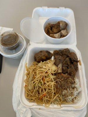 Garlic rice, pancit, pork adobo, lichon