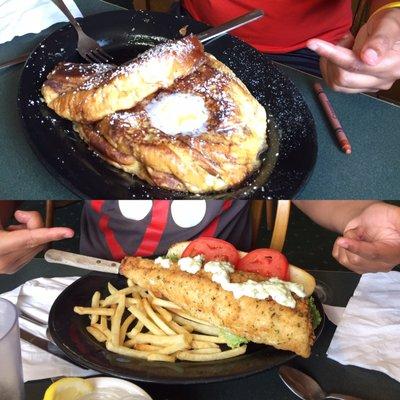 Cinnamon roll french toast, and walleye sandwich.