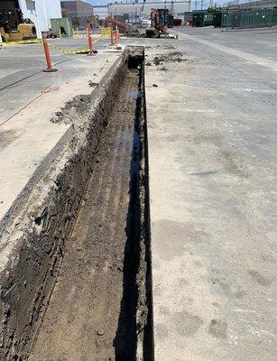 A perfectly dug trench awaiting 6" C-900 mainline piping.