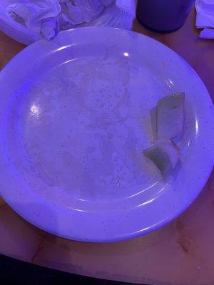 This is disgusting! They need to make sure to have all their plates clean. I wiped the plate with napkins and came off all dirty.