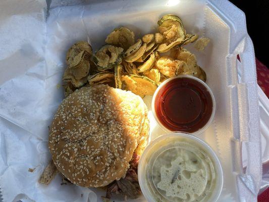 Pulled pork sandwich, Cole slaw, fried pickles