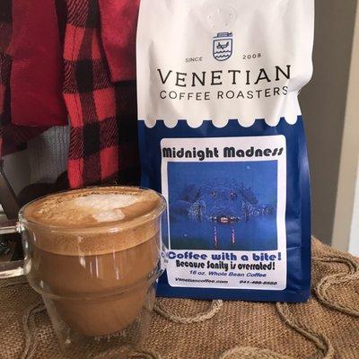 A delicious cup of cappuccino made with Venetian Coffee Roaster's special Midnight Madness blend.