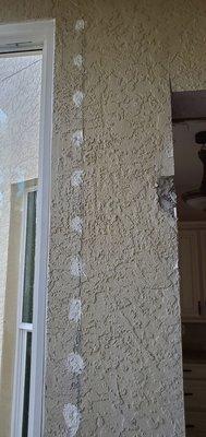 Stucco damaged. Urethane globs put on instead of repairing.