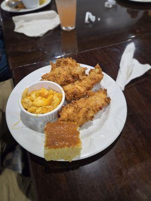 Chicken strips mac and cheese and cornbread