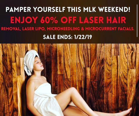 Call 860-217-0764 to find out how you can Pamper Yourself This MLK Weekend! Enjoy 60% Off!  Sale Ends: 1/22/19