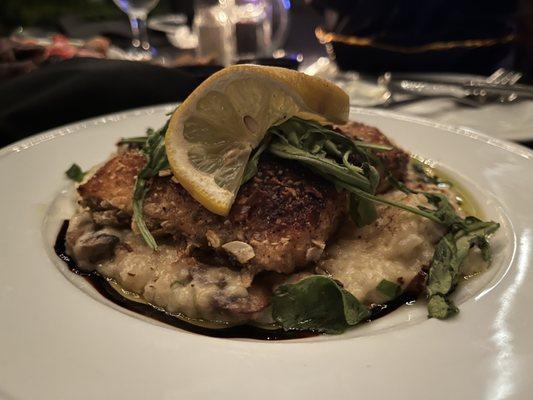 Pumpkin seed encrusted salmon with mushroom risotto and arugula. So great!