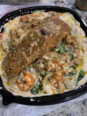 Alfredo with spinach, crawfish, shrimp, and salmon