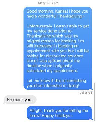 Text message exchanges with Karisa at Essenza Salon & Spa.