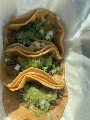 3 carne asada street tacos . Simple & yummy on corn tortillas .