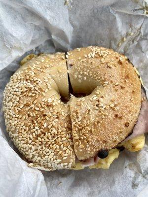 Egg and Ham on Sesame Bagel