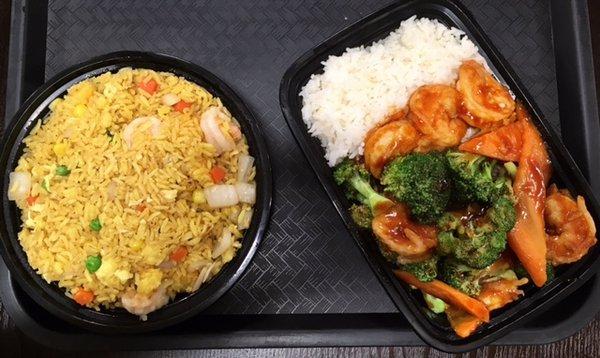 fried rice w/ shrimp + broccoli & shrimp over rice