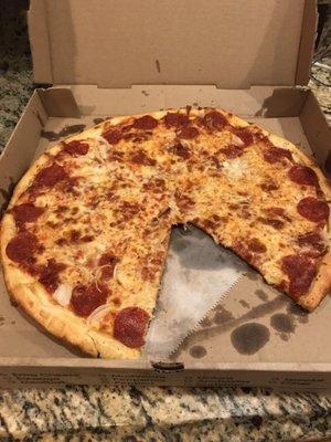 Someone beat me to it!  Lg pizza with pepperoni & onion