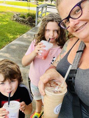 Mocha frappe w/ extra espresso shot & two custom kids drinks with no caffeine!