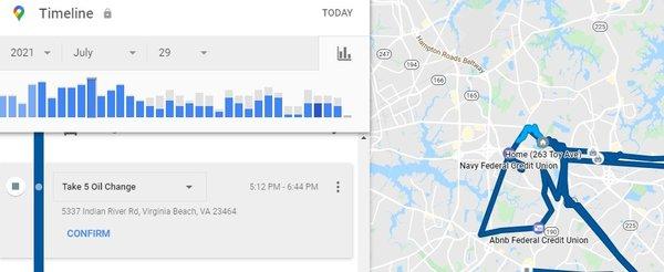 Timeline showing wait time, 5:12 to 6:44 pm. Techs called me a liar when I pointed out how long the wait was.