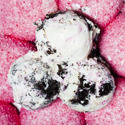 SNOWBALL! A Toasted marshmallow ice cream with chocolate cake chunks, coconut flakes and pink sanding sugar. Available in January!