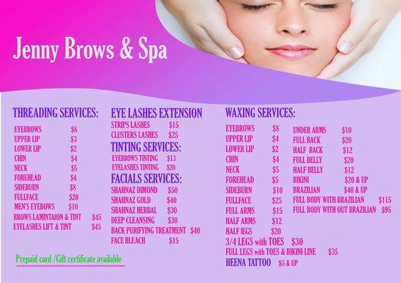 Cheapest price and greatest services!!
Please check it out at Jenny Brows & Spa!!!