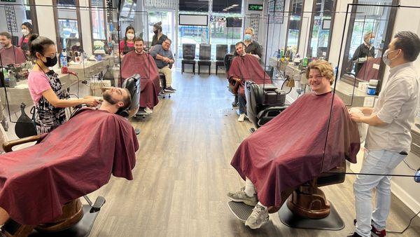 Groom, Father of Bride and Groomsmen at Lee's Barber. Everybody got trimmed for the rehearsal dinner.  Always a great place