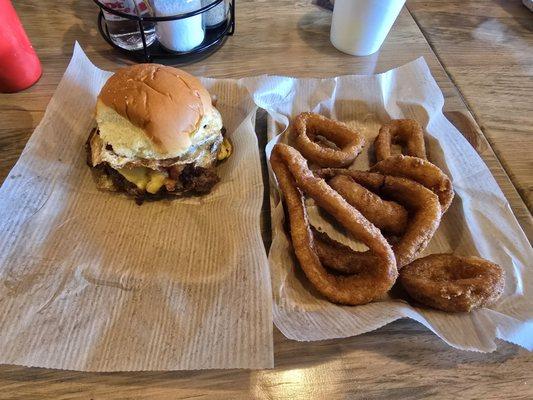 Brekky Burger (a little runny yoke) and onion rings