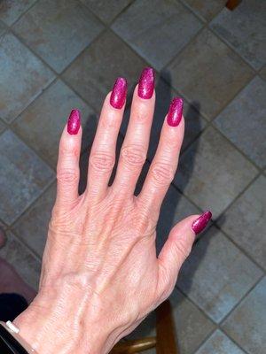 Te-te's beautifully done coffin shaped acrylics with gel polish- #195 hot pink platinum