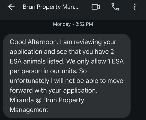 Text message between me and Brun Property Managament LLC on  Monday, May 20th, 2024 at 3:52 pm.