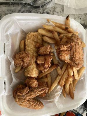 Fried cod, chicken wings , shrimp and fries