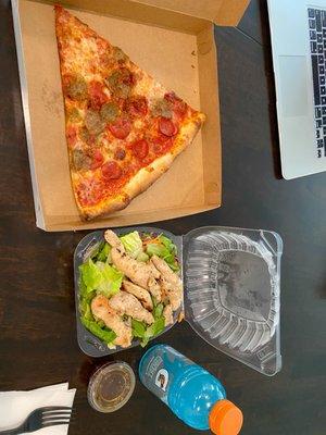 Meat Lovers slice and Chinese chicken salad