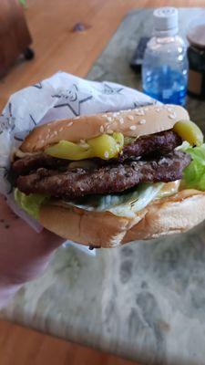 2 charbroiled beef paties topped with char grilled chilles pepperjack cheese,southwest sauce with crispy lettuce