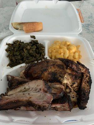 Ribs, chicken, greens and Mac and cheese