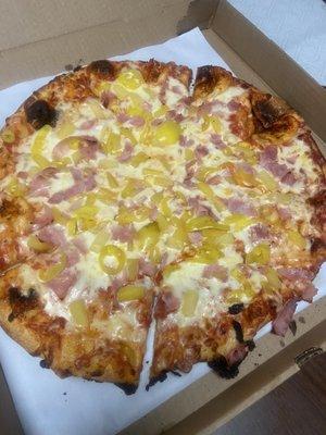 Hawaiian pizza with banana peppers