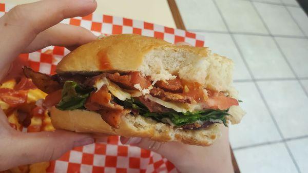 My daughter wanted a BLT. So packed with bacon. She had squished it down before I got a pic.