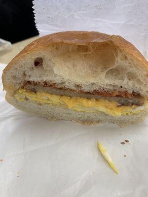 Sausage, egg and cheese on a roll - $6