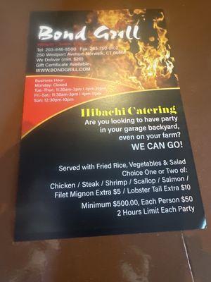 Outdoor hibachi catering menu, and price